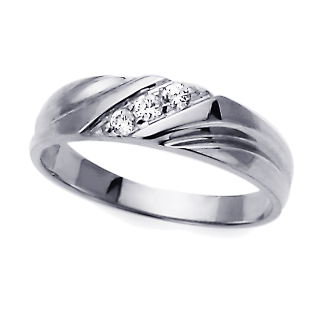 Men 14K White Gold CZ Three Stone Grooved Wedding Band Ring / Free Gift Box
