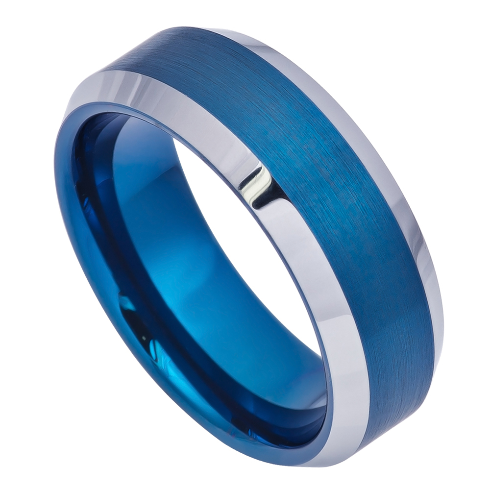 8MM Tungsten Carbide Wedding Band Beveled Edge Brushed Blue Tone Ring