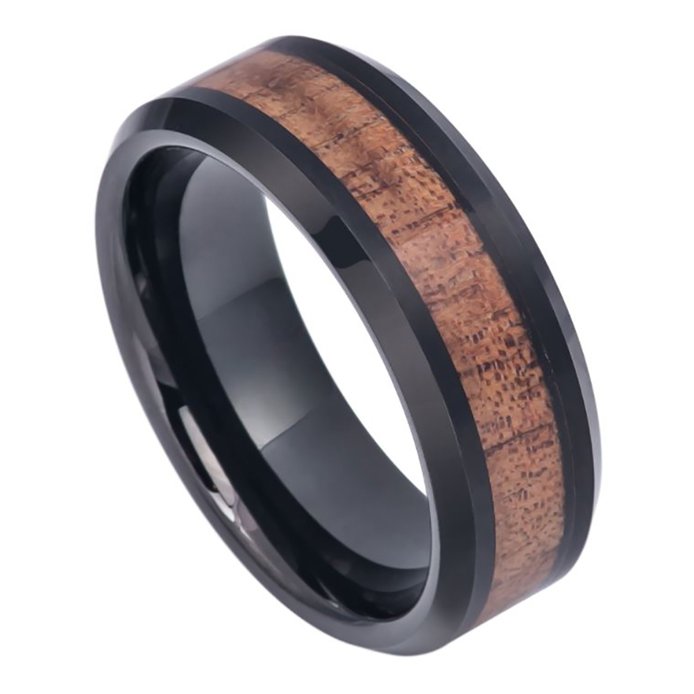 Men 8MM Comfort Fit Carbide Wedding Band Hawaiian Koa Inlay Black Ring ...