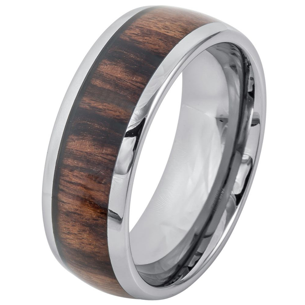 8MM Comfort Fit Tungsten Carbide Wedding Band Rosewood Inlay Polished Domed Ring
