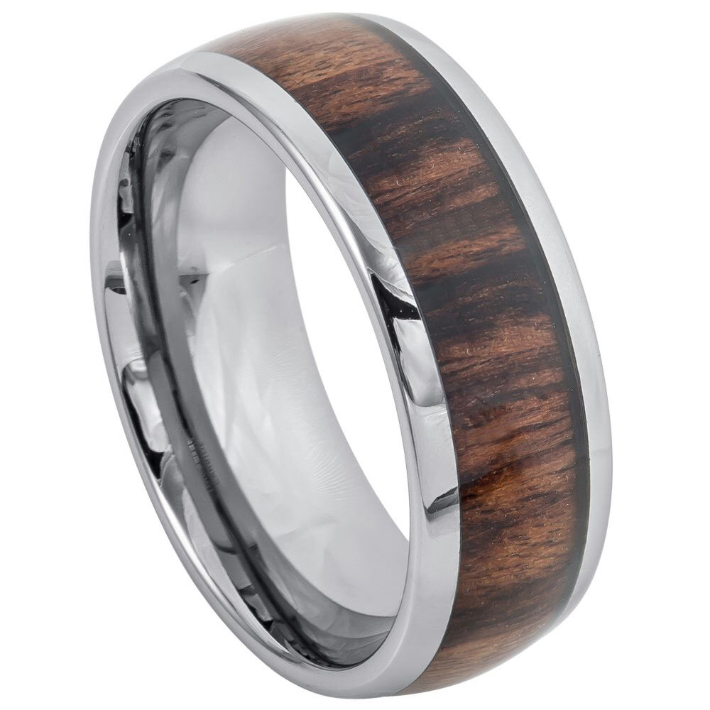 8MM Comfort Fit Tungsten Carbide Wedding Band Rosewood Inlay Polished Domed Ring