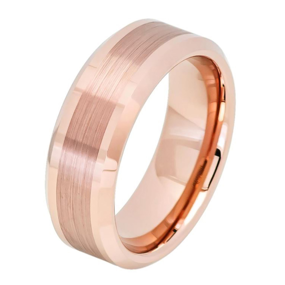 Men 8MM Tungsten Carbide Wedding Band Beveled Edge Brushed Rose Gold Tone Ring