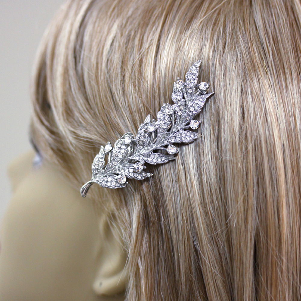 Hand Made Hair Jewelry swarovski crystal Leaf Hair Clip, White
