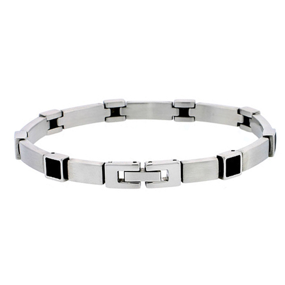 Men Women Stainless Surgical Steel Black Rubber Accented Link Bracelet 8"