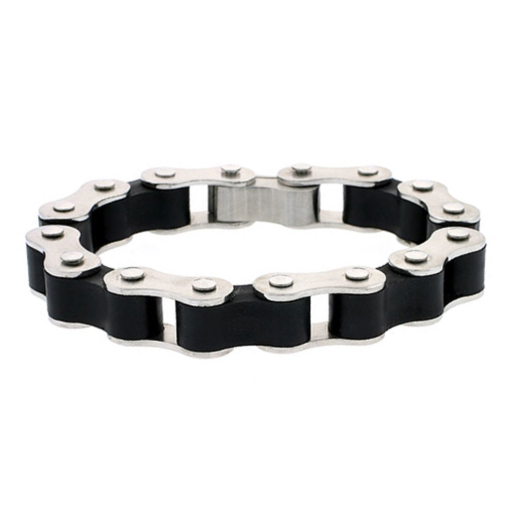 Men Women 13MM Stainless Surgical Steel Rubber Link Bike Chain Bracelet 8" Black