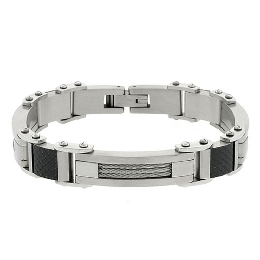 Men 16MM Stainless Surgical Steel Carbon Fiber Inlaid Link Bracelet 8.5"