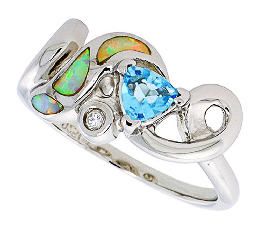 Women Sterling Silver Rhodium Plated Pink Opal Swirl Ring Light Blue CZ 11mm