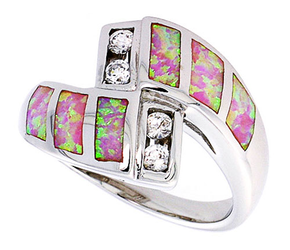 Women Sterling Silver Rhodium Plated Pink Opal Swirl Ring Light Blue CZ 11mm
